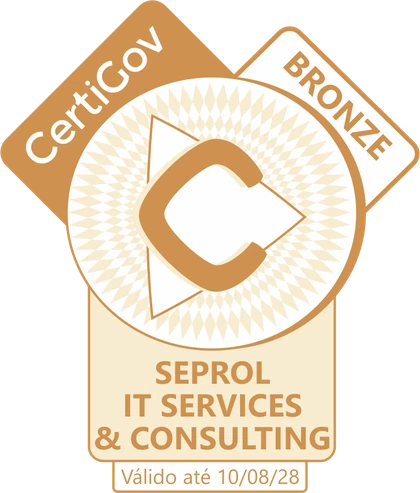 Certificação Bronze CertiGov da Seprol, destacando serviços e consultoria em TI, válida até 10/08/28.