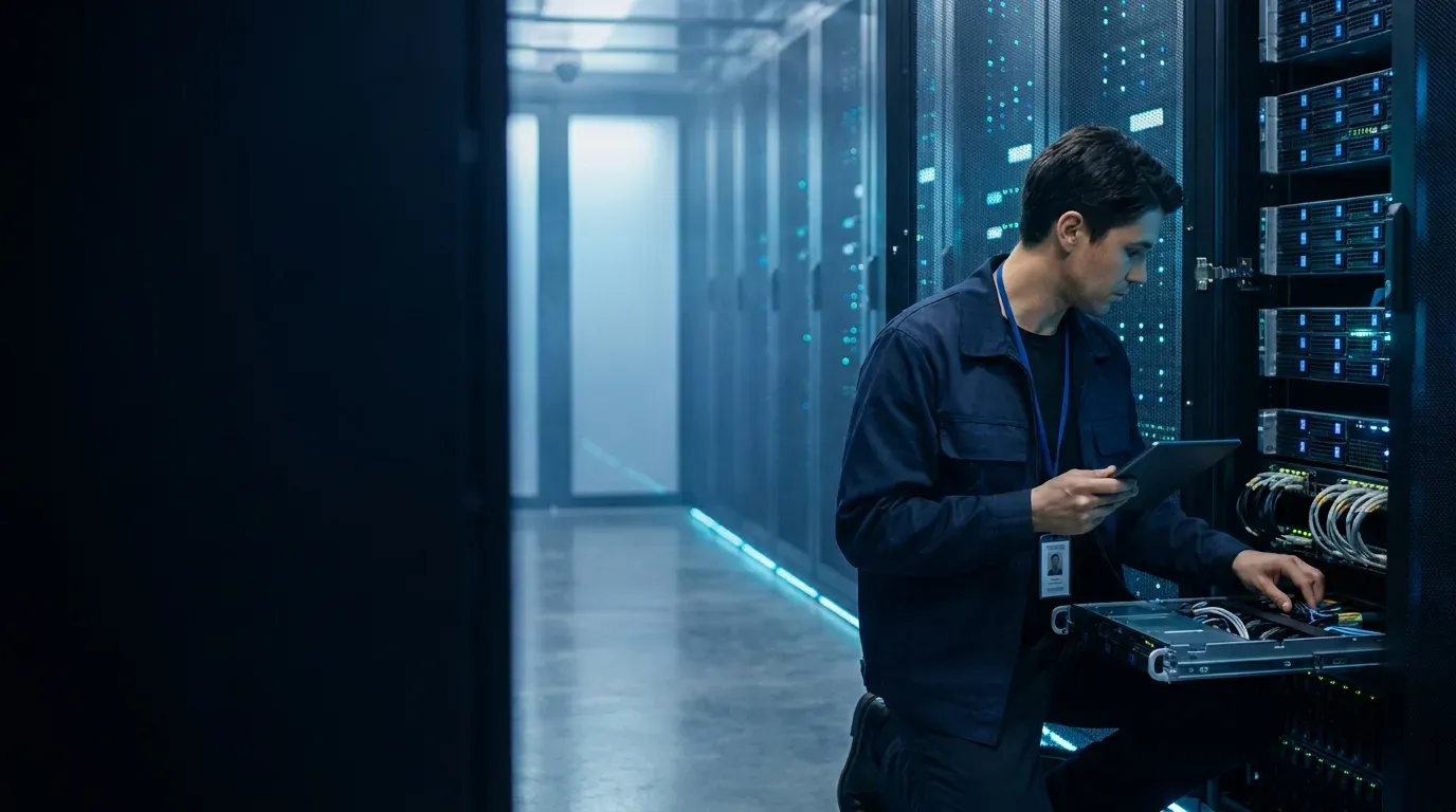 Técnico de TI realizando manutenção em servidores em um data center moderno e iluminado.