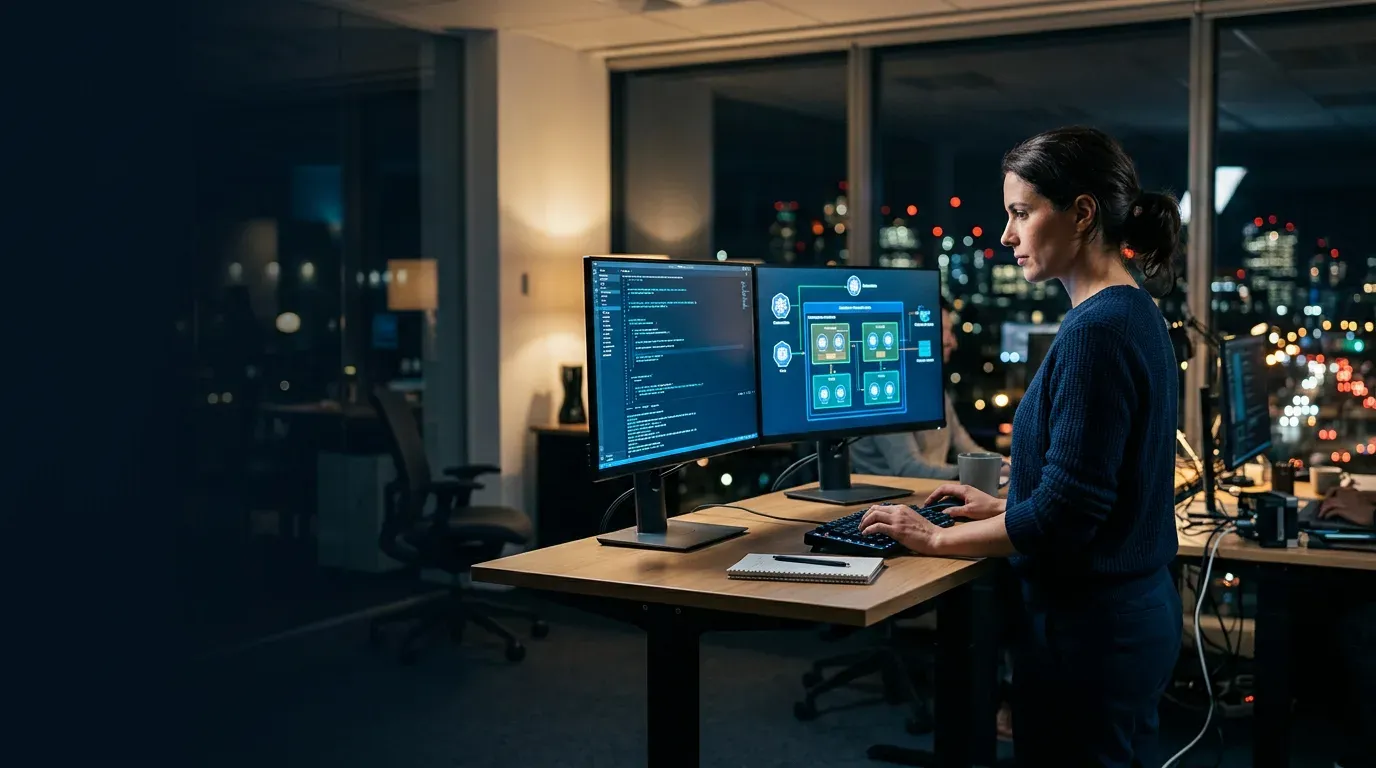 Profissional de tecnologia trabalhando em monitores com dados, em um escritório moderno à noite, com vista para a cidade.