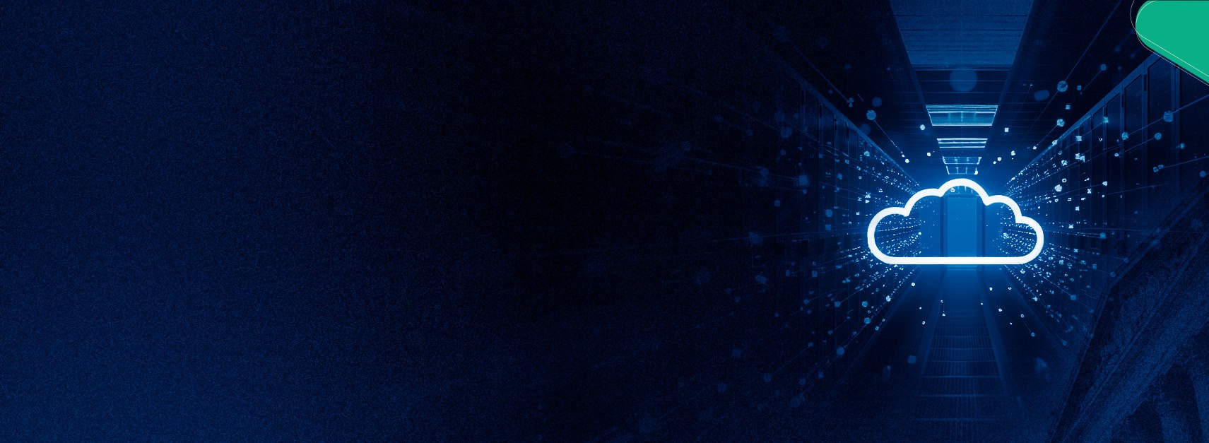 Ícone de nuvem iluminado sobre um corredor de data center, representando computação em nuvem